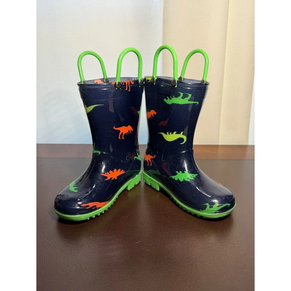Kids Navy Blue Dinosaur Print Waterproof Rain Boots Pull On Green Handles 6-7